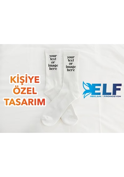 Elf Reklam Kişiye Özel Basklı Resimli Yazılı Çorap Beyaz
