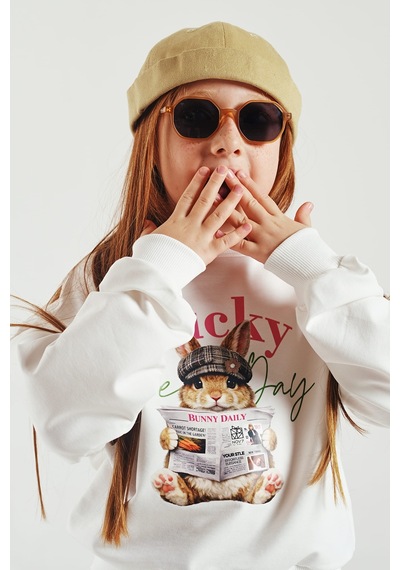 Loco Loco Ekru Tavşan Baskılı Ekose Çocuk Sweatshirt
