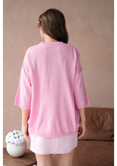 Park Karon 10729 Kadın Bisiklet Yaka Nakış Detay Oversize Trko Kazak Pembe