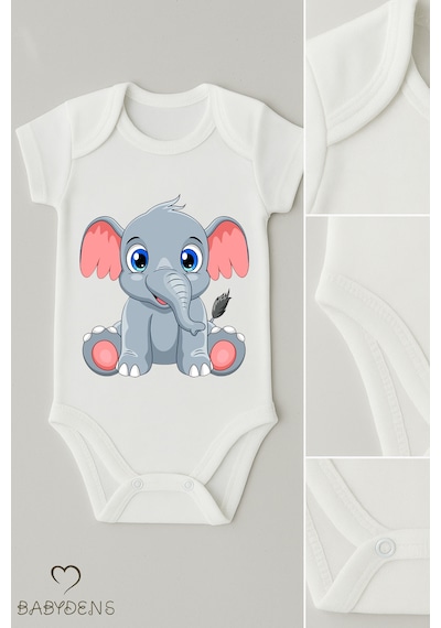 Babyden's %100 Pamuklu Sevimli Hayvan Figürlü Bebek Body Unisex Çıtçıtlı Kısa Kollu Zıbın Fil Beyaz