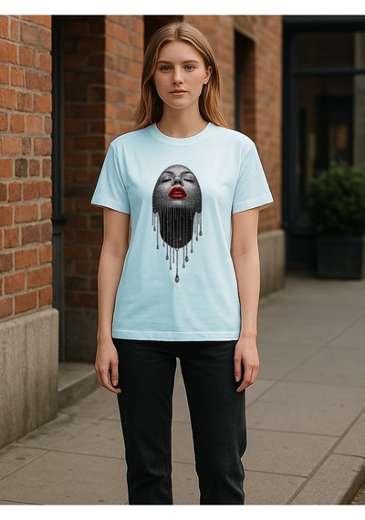 Uyguntarz Unisex Pırlantalı Kadın Portresi Tasarım Basklı Tshirt Bebe Mavisi