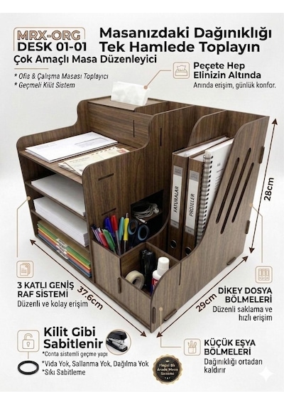 Mrx-org Desk 01 Masaüstü Organizer Peçetelikli Çok Amaçlı Masa Düzenleyici, Raflı Dosyalık Ceviz