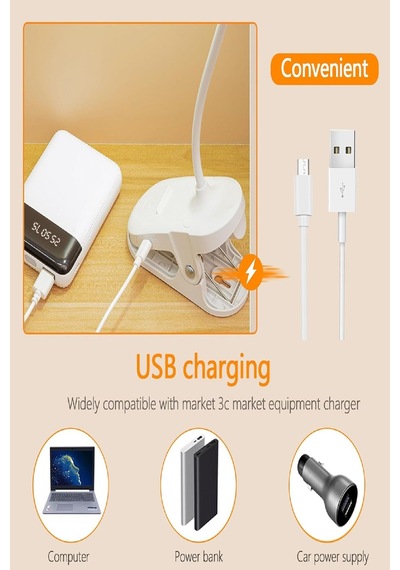 Şarjlı Usb Li Dokunmatik 3 Modlu Klipsli Mandallı Led Okuma Lambası 360 Esnek Beyaz Göz Koruma Beyaz