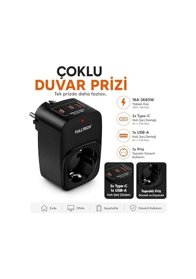 Akım Korumalı Priz, Tekli Priz, Usb Li Priz Ve Type-c Priz, Priz Çoklayıcı, Voltaj Korumalı Priz, 16a 3680w Duvar Tipi Siyah