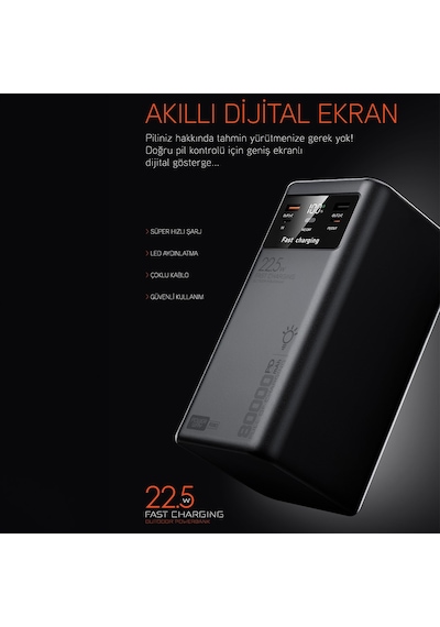 Powerway Pd80 80.000mah 22.5w Pd & Qc 3.0 Hızlı Şarj Destekli Dijital Göstergeli Powerbank