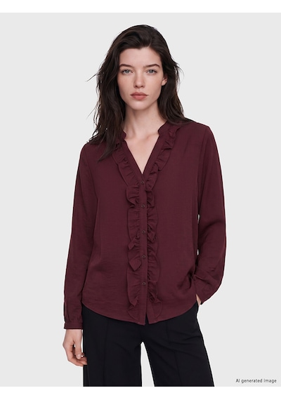 Lcw Comfort Bordo Kaçık Yaka Fırfırlı Kadın Gömlek