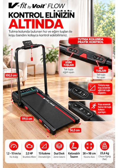 Voit Flow Katlanabilir Koşu Bandı 15 Kademe Otomatik Eğim Bluetooth 2 Hp Brushless Motor