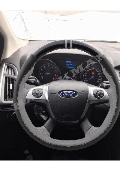 Ford Focus 3 Dikme Direksiyon Kılıfı Parlak Siyah Gri Detaylı Gri Çift Yüzük Ve Dikiş 2011-2018