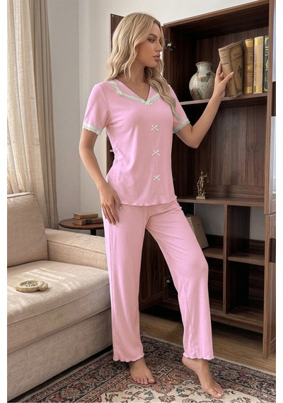 Bella Notte Pembe Dantel Yaka Fiyonk Detaylı Kısa Kollu Kadın Pijama Takımı Çok Renkli