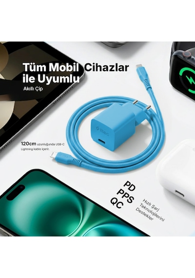 Ttec Smartcharger Gan 20W PD Seyahat Hızlı Şarj Aleti + USB-C - Lightning 120 CM Kablo Neon Mavi