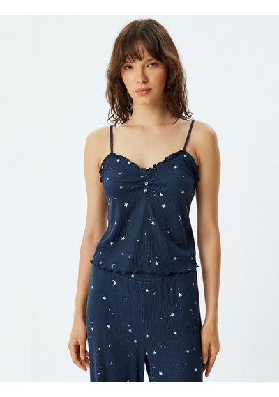 Koton Askılı Fitilli Pijama Üstü Yıldız Baskılı Fırfır Ve Düğme Detaylı Lacivert Desenli 5wlk90016mk Lacivert Desenli