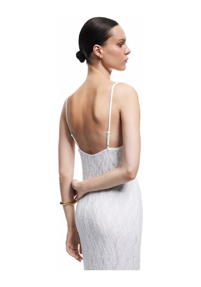 Koton Astarlı Slim Fit Midi Boy İnce Askılı Dantelli Elbise Ekru 5sak80470ek