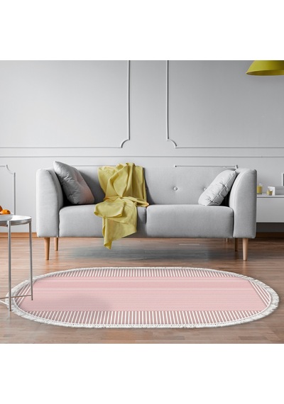 Dijital Kaymaz Yıkanabilir Banyo Mutfak Salon Paspas Halısı Trend Saçaklı Oval Al4023 Pembe