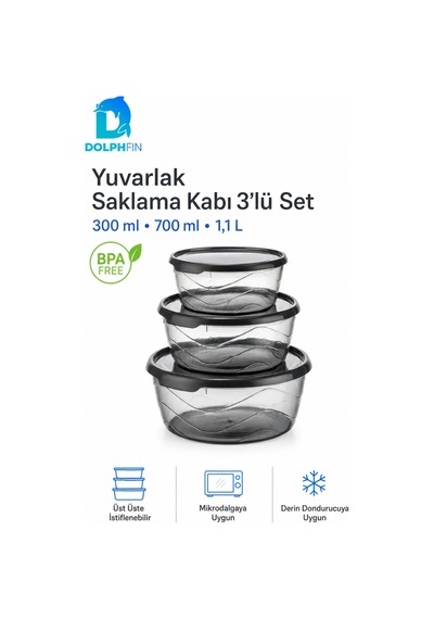 3 Lü Yuvarlak Saklama Kabı Seti 300 Ml 700 Ml 1,1 Litre Füme Şeffaf Bpa İçermez Siyah