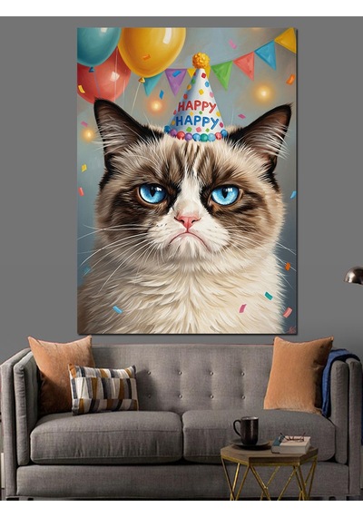 Doğum Günü Şapkalı Grumpy Cat Dekoratif Kanvas - Mdf Ahşap Tablo