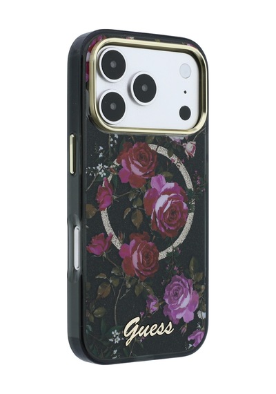 Apple iPhone 18 Pro Uyumlu Kılıf Guess Lisanslı M-safeli Gül Desenli Simli Yazı Logolu Kapak Siyah