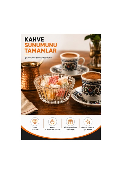6'lı Cam Lokumluk Seti Şeffaf Cam Reçellik, Sosluk, Mini Sunum Kasesi, Türk Kahvesi Yanı İkramlık