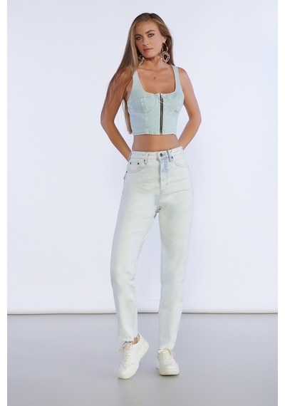 Buz Mavi Yüksek Bel Kesik Paça Detaylı Mom Jeans-buz Mavisi Buz Mavi