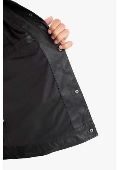 Defacto Regular Fit Çıtçıtlı Suni Deri Ceket Mont F9779ax25wnbk27 Siyah