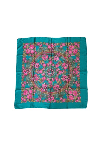 Tikitonki Pembe Çiçek Desenli Kare Kesim Nil Yeşili Eşarp - 90x90 Çok Renkli Çok Renkli