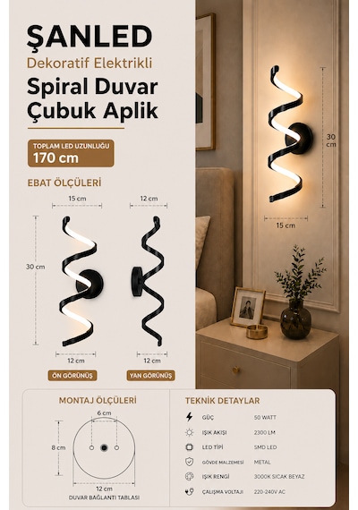 Dekoratif 20w İç Mekan Siyah Kasa 3 Renkli Işık Elektrikli 80 Cm Duvar Aplik
