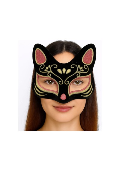 Siyah Renk Süet Kaplama Üzeri Kırmızı Sarı Simli Kedi Maskesi 17x14 Cm Diğer