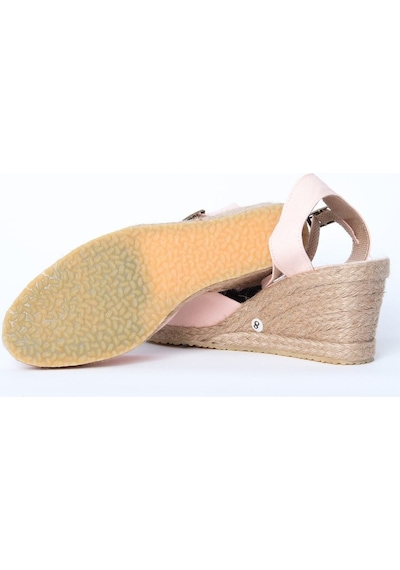 Star Tombis Gerçek Elişi Topuğu Açık Bilekten Bantlı Dolgu Topuk Pembe Keten Hasır Espadril Handmade Pembe