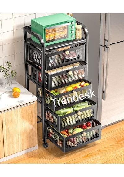 Trendesk 5 Katlı Metal Siyah Çekmeceli Tekerlekli Sebze Meyve Sepeti Mutfak Organizer Düzenleyici