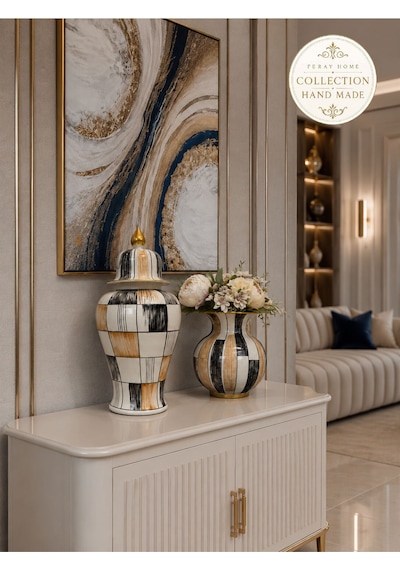 Dekoratif Salon Seti - El Yapımı Kahve Siyah Fırça Desen