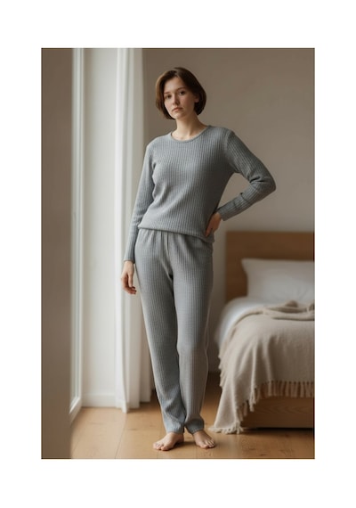Feg Store %100 Pamuk Gri Yumuşak Dokulu Fitilli Uzun Kollu Kadın Pijama Takımı
