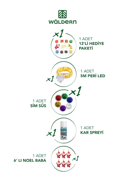 Waldern 120 CM Yılbaşı Çam Ağacı ve Süsleri (Kar Spreyi + 12 Parça Süs + 1 Sim Süs + 5 M Led Işık)