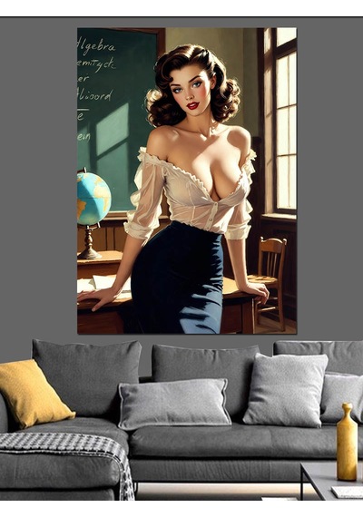 Ahşap Tablo Retro Giyimli Kadın Sekreter