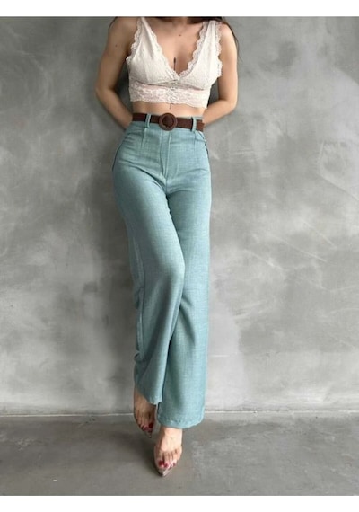 Tane Tasarım Kadın Yazlık Trend Beli Kemerli Keten Pantolon Su Yeşili Su Yeşili