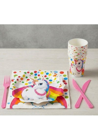 Rainbow Unicorn Kullan At Set16 Kişilik 96 Parça Karton Tabak-karton Bardak-kağıt Peçete-plastik Çatal-bıçak Seti 1