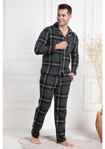 Mecit Pijama Mecit 2950 Erkek Yeşil Ekoseli Büyük Beden Kışlık Pijama Takımı Yeşil