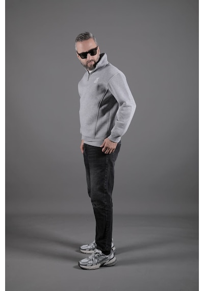 Dik Yakalı Parçalı Erkek Sweatshirt Gri