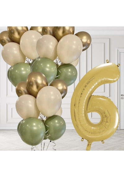 6 Yaş Retro Küf Yeşili Krom Gold Kum Beji Balon Seti Gold Rakam Doğum Günü Balonu Şık Parti Süsleme Çok Renkli