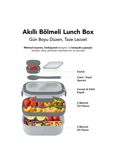 Bondie Kilitli Kapak Yemek Kabı - 2 Katlı Bölmeli Kaşık Ve Sosluklu Lunch Box Beslenme Kutusu Gri