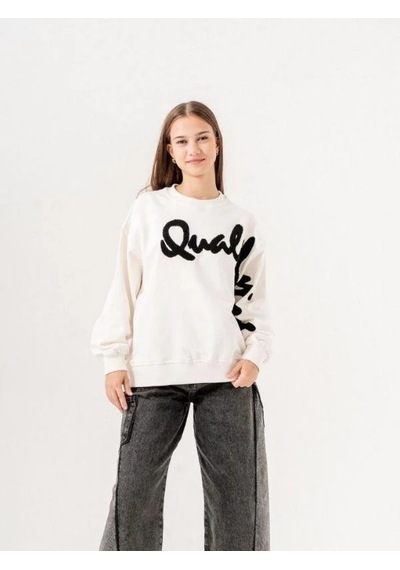 Kız Çocuk Quality Yazılı Pamuklu Sweatshirt-14780 Ekru