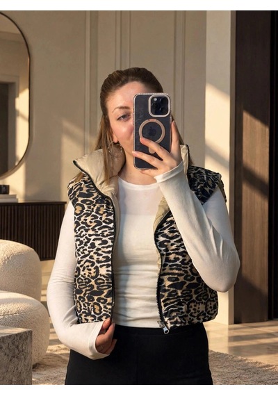 Elora Atelier Çift Taraflı Leopar Desenli Şişme Yelek Bej-leopar