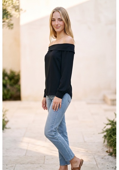 Soulshae Bardot Yaka Uzun Kollu Bol Viskon Bluz Siyah