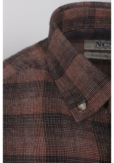 Erkek Gömlek Kiremit Uzun Kol Ekose Kareli Flanel Yün Tuşeli Slim Fit Düğmeli Yaka Shirt Ncs Jeans 7266-kiremit Kiremit