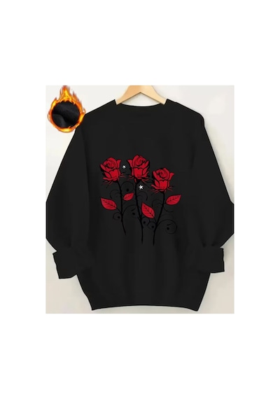 Herkesemoda Güller Baskı Detaylı Bisiklet Yaka Sweatshirt Siyah