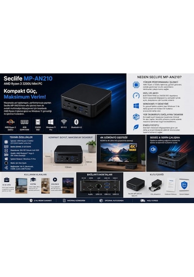 Seclife MP-AN210 R3-3200U 8 GB 256 GB SSD W11H Mini Pc