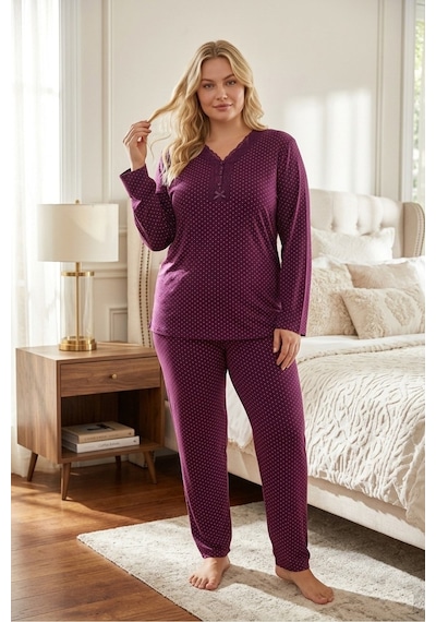 Eyfuze Kadın Büyük Beden Desenli Yakası Düğmeli Uzun Kollu Bambu Pijama Takımı Kırmızı