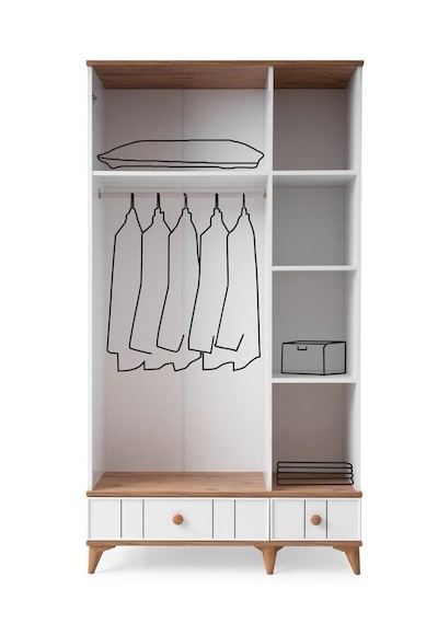 Beenal Sıla 3 Kapaklı Gardırop Çekmeceli Dolap 115cm. Beyaz-A.Çam