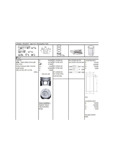 Piston Sekman Std0,20kısa 107 206 307 Bipper Nemo Dw4 8771782std100