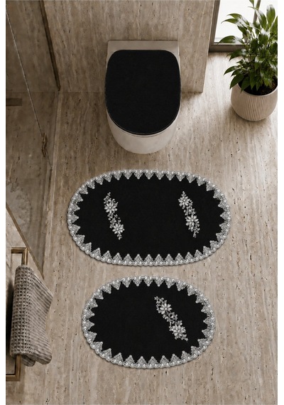 3lü Set Siyah Fransız Dantelli Lüks Banyo Paspası Kaymaz Tabanlı Çeyizlik Hediyelik Banyo Paspas Set