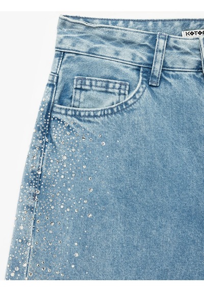 Koton Taş Detaylı Wide Leg İndigo Kadın Jean Pantolon 7wal40025md