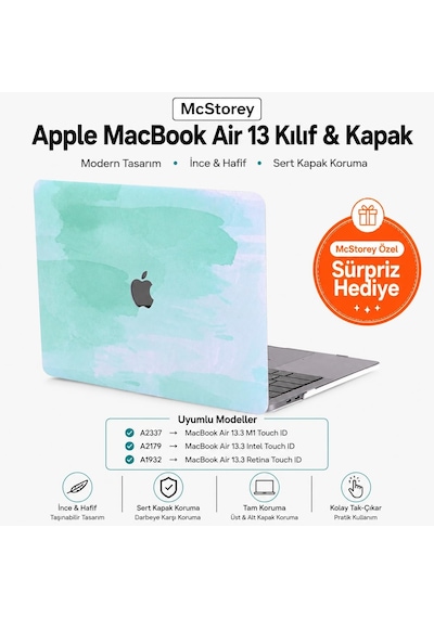 Macbook Air 13 İnç Kılıf A2337 M1 A2179 A1932 Uyumlu Hard Case Sert Kapak Suluboya Desenli Uv Baskılı Koruyucu Kılıf İnce Hafif Laptop Kılıfı Açık Yeşil